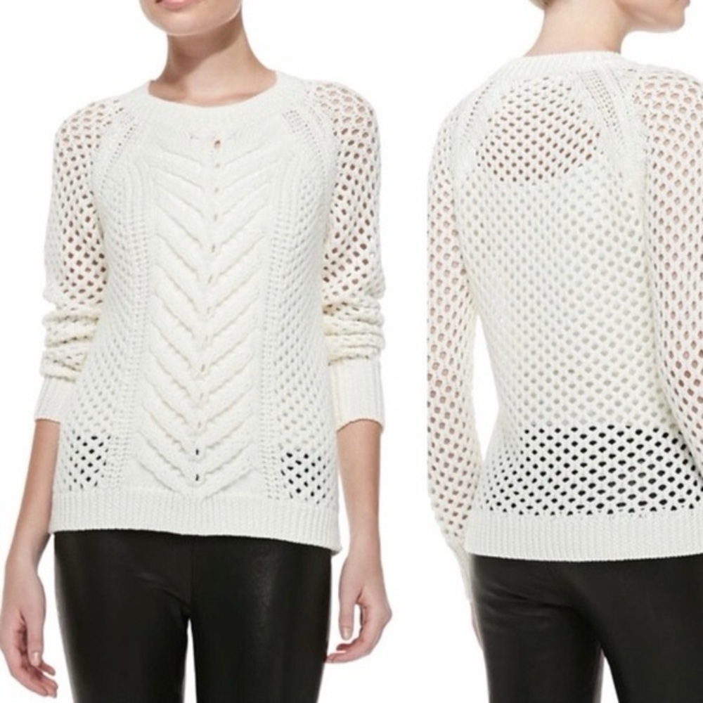 Minnie Rose Open Knit Crochet Braided White Sweater
